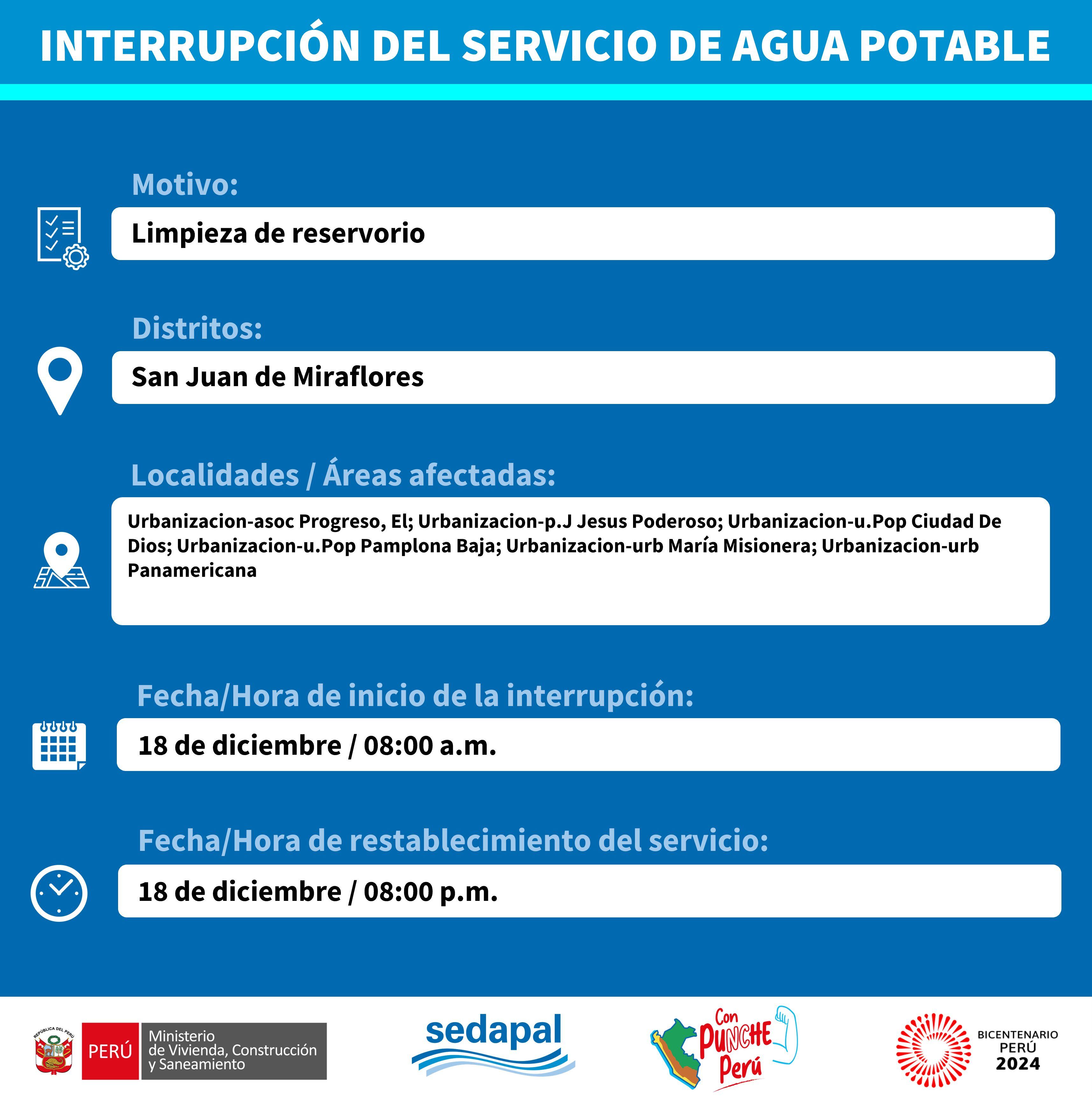 Sedapal informó qué distritos no tendrán agua este jueves 14 de diciembre. (Foto: Twitter)