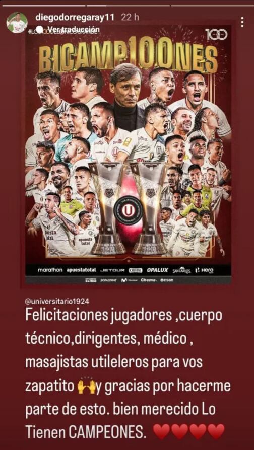 El agradecimiento de Dorregaray tras ser incluido en el bicampeonato. (Imagen: Instagram)