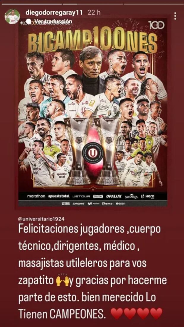 El agradecimiento de Dorregaray tras ser incluido en el bicampeonato. (Imagen: Instagram)