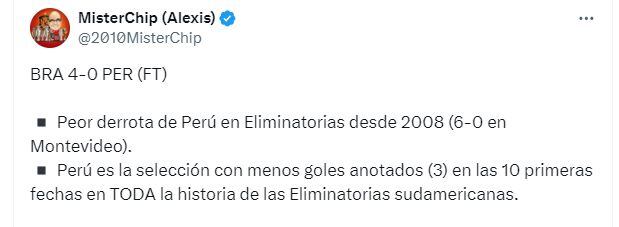 La estadística de Mister Chip luego de la derrota de Perú ante Brasil por las Eliminatorias 2026. (X)