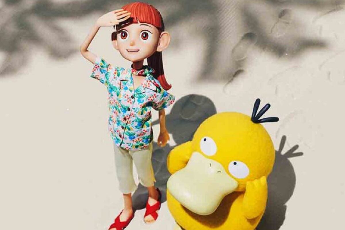 Haru, la conserje Pokemon, caminando en playa junto a Psyduck en la serie japonesa animada "Concierge Pokémon" (Foto: Netflix)