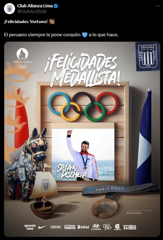 Alianza Lima envió mensaje a Stefano Peschiera, medallista peruano en París 2024. (Captura: X / @ClubALoficial)