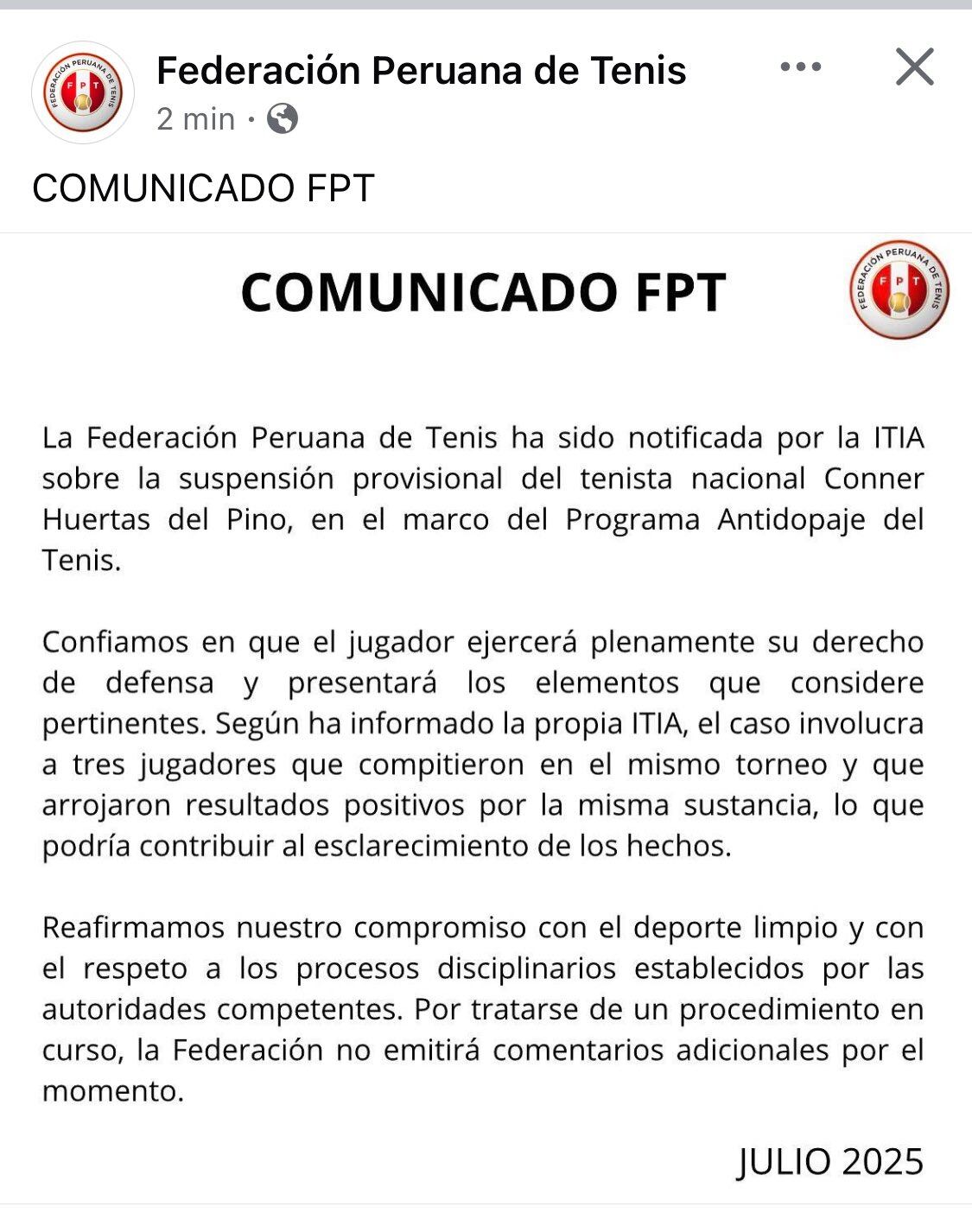 Comunicado de la Federación Peruana de Tenis sobre el caso de dopaje de Arklon Huertas del Pino. (Foto: Facebook FPT)