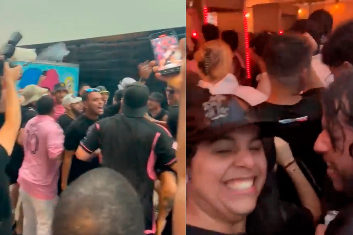 Hinchas del Inter Miami y Lionel Messi siguen celebrando a pesar de la lluvia torrencial. | Foto: @SirLuchoSuarez/Twitter