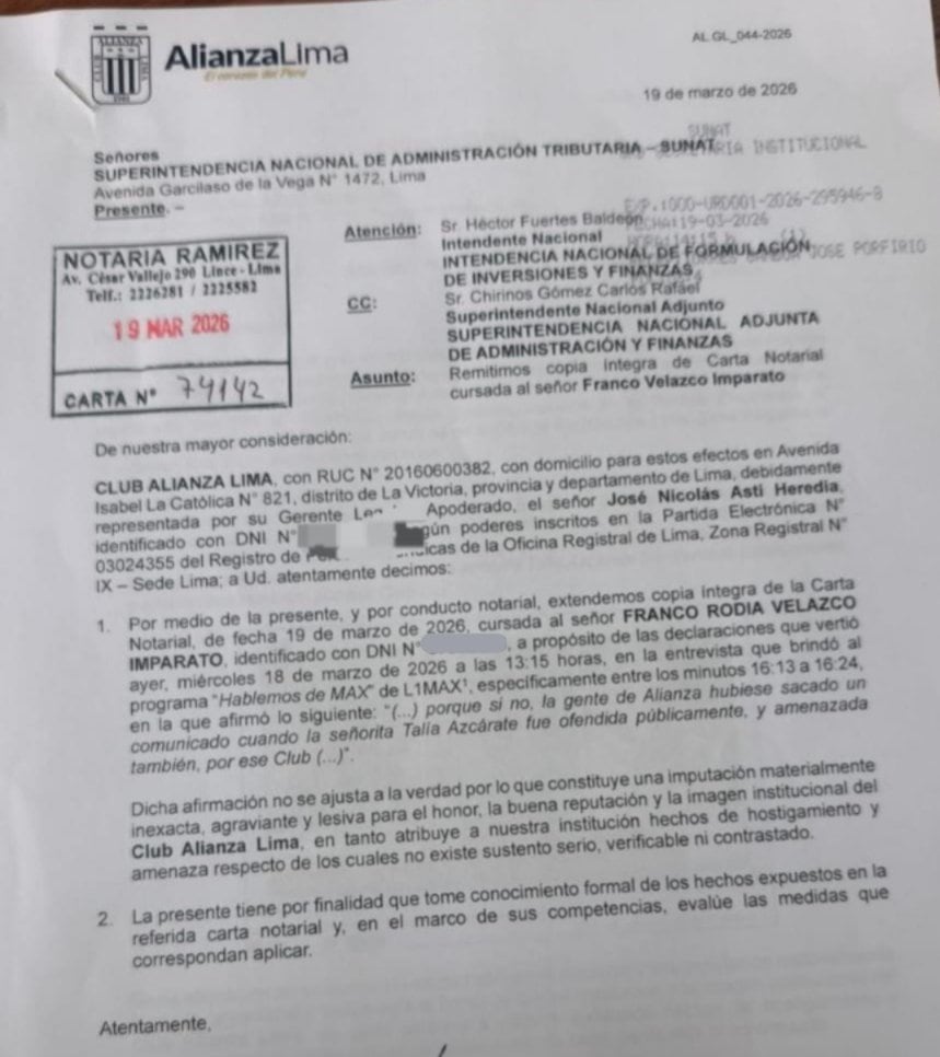 La carta de Alianza Lima a la SUNAT tras lo dicho por Franco Velazco, administrador de Universitario. (Imagen: Modo Fútbol)