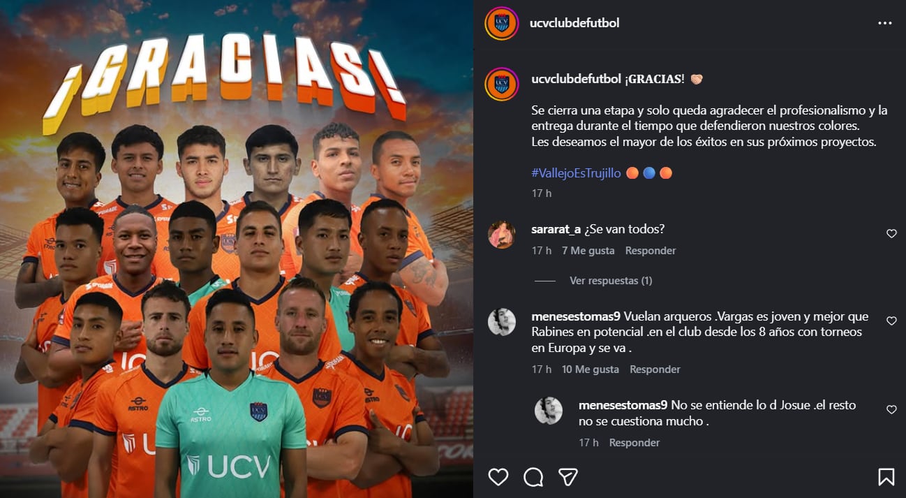 UCV anunció la salida de 17 jugadores del plantel tras perder ascenso a Liga 1. (Foto: Captura Instagram)