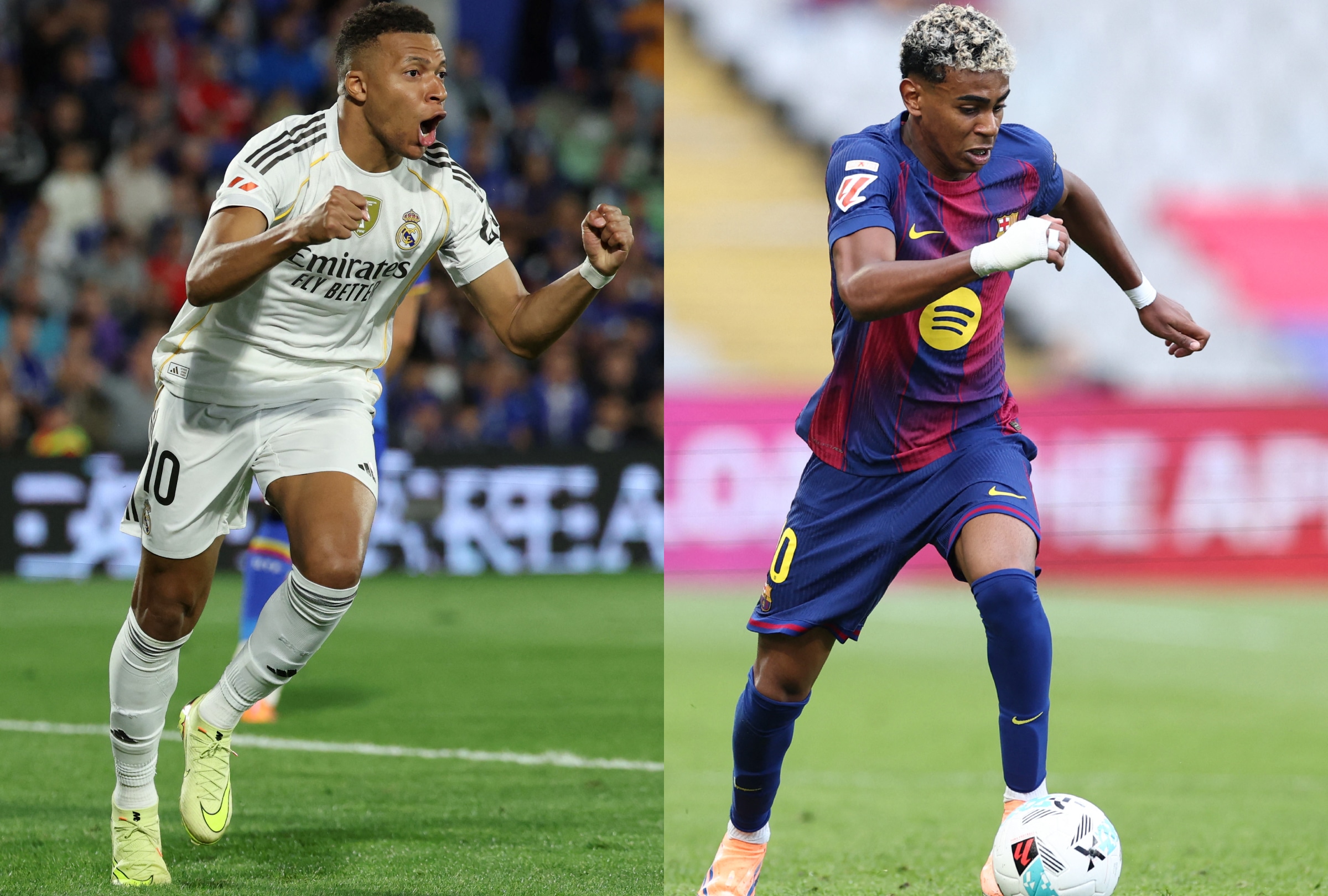 MADRID (ESPAÑA), 25/10/2026.- Vive El Clásico 2025: Real Madrid y FC Barcelona se enfrentan en el Camp Nou por el liderato. Mbappé y Lamine Yamal prometen un duelo legendario. FOTOS DE THOMAS COEX (i) y JOSEP LAGO (d) PARA AFP