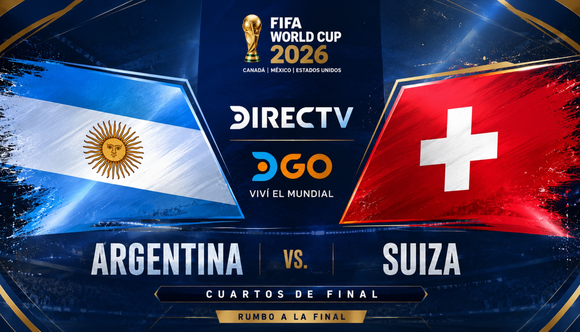 Señal de DIRECTV en vivo para ver el partido Argentina vs. Suiza, vía DSports y DGo, por los cuartos de final del Mundial de Fútbol 2026. (Foto: Imagen creada por Depor utilizando la IA de Chat GPT)