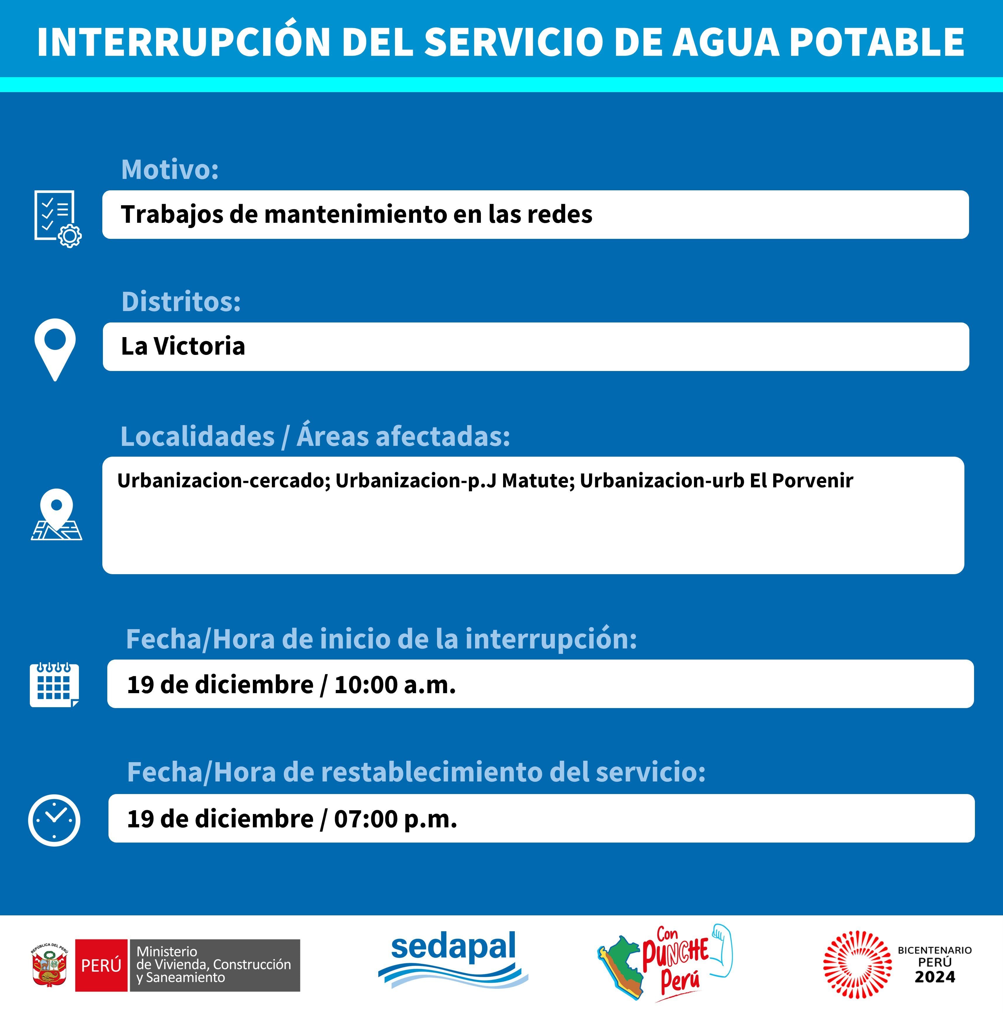 Sedapal informó qué distritos no tendrán agua este martes 19 de diciembre. (Foto: Twitter)