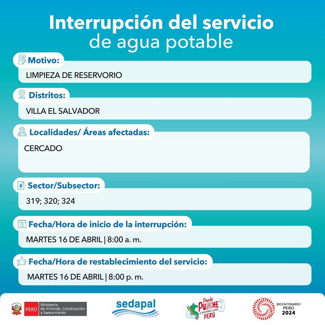 Sedapal anunció que el servicio de agua potable estará restringido en algunas zonas este martes 16 de abril. (Foto: Sedapal)