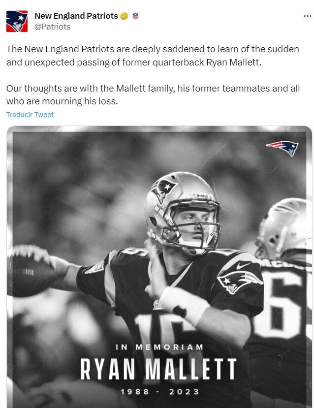 El equipo New England Patriots confirmó la muerte de Ryan en redes sociales (Foto: New England Patriots/Twitter)