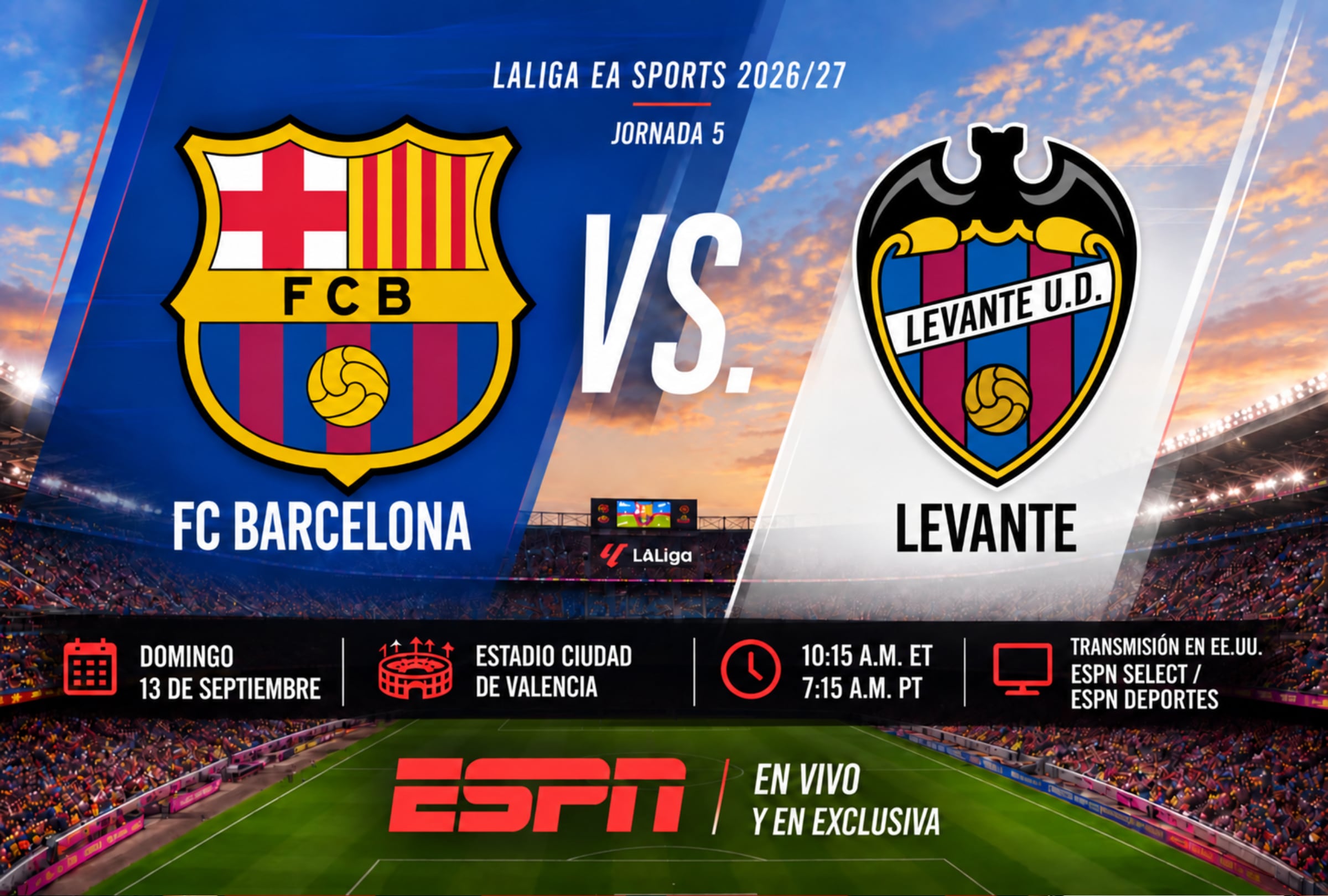 VALENCIA (ESPAÑA), 13/09/2026.- Cobertura oficial de ESPN EN VIVO ONLINE para ver el partido FC Barcelona vs. Levante UD por la Jornada 5 de LaLiga EA Sports 2026-27 en el Estadio Ciudad de Valencia. FOTO DE NOÉ YACTAYO CON IMÁGENES DE LALIGA EA SPORTS