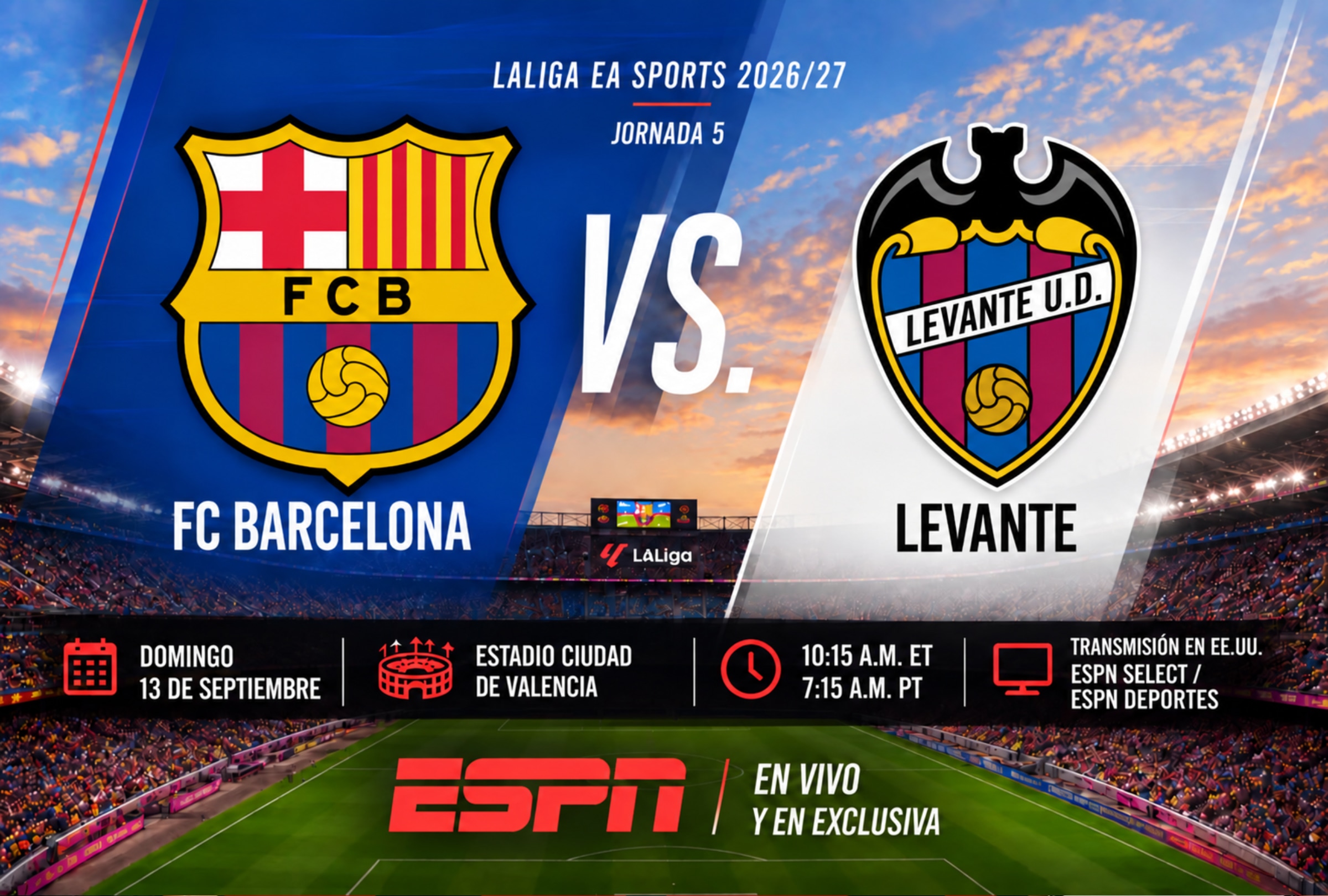 VALENCIA (ESPAÑA), 13/09/2026.- Cobertura oficial de ESPN EN VIVO ONLINE para ver el partido FC Barcelona vs. Levante UD por la Jornada 5 de LaLiga EA Sports 2026-27 en el Estadio Ciudad de Valencia. FOTO DE NOÉ YACTAYO CON IMÁGENES DE LALIGA EA SPORTS