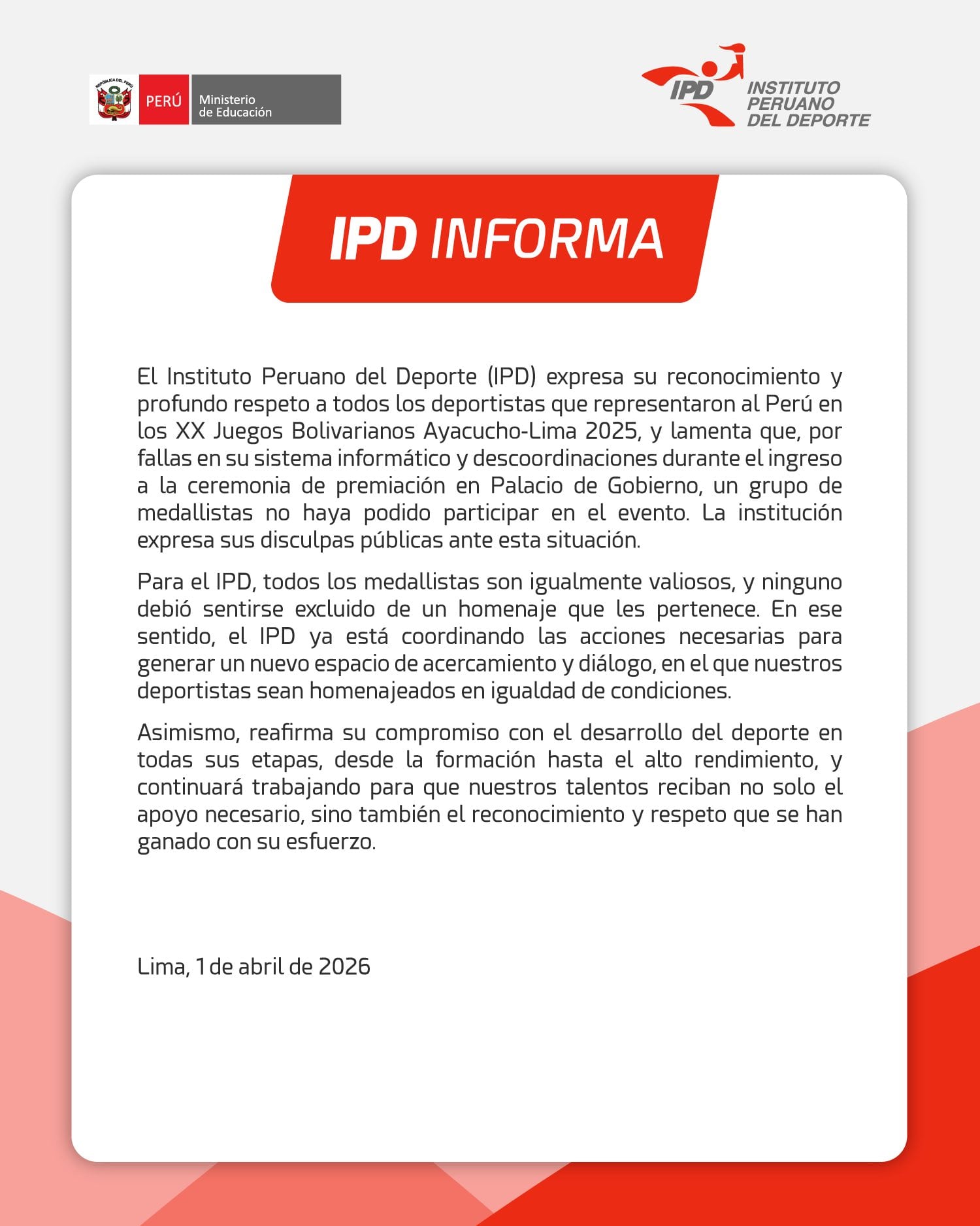 Comunicado del IPD para disculparse por el bochornoso incidente.