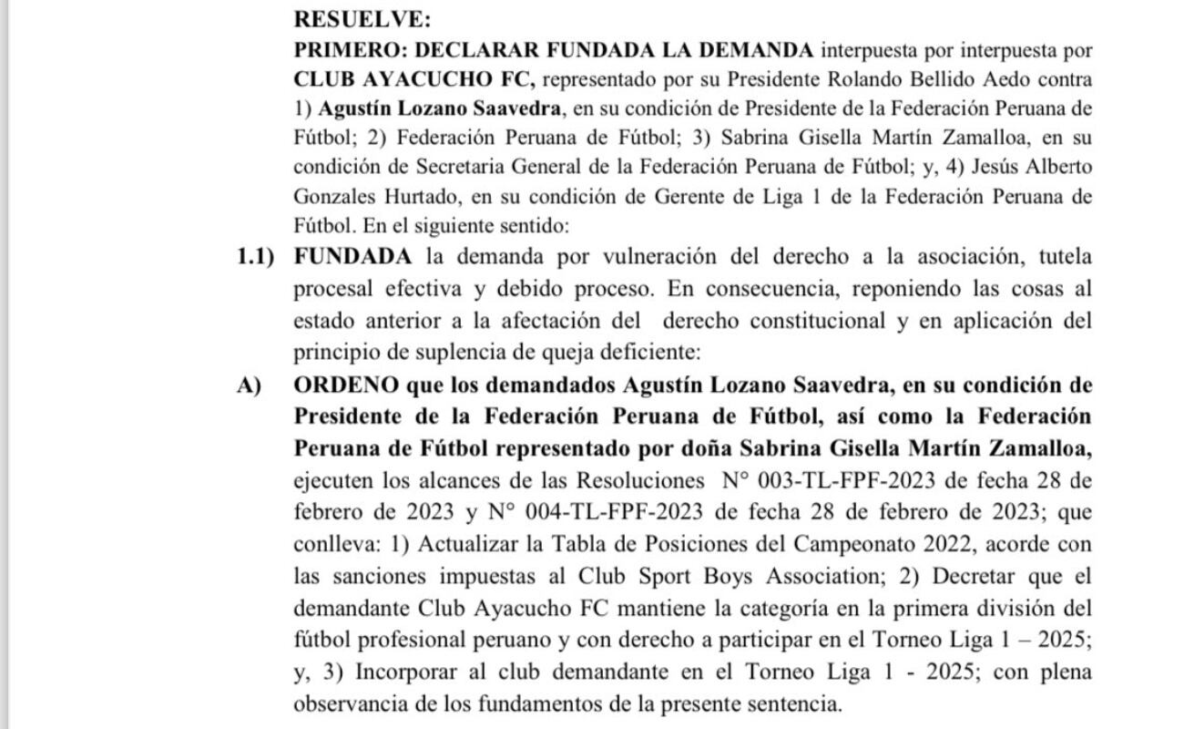 Resolución del Módulo Civil Corporativo de Litigación Oral – 3° Juzgado Civil sobre la demanda de Ayacucho FC.