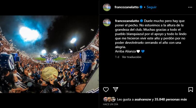 La publicación de Franco Zanelatto en sus redes sociales. (Captura: Instagram)