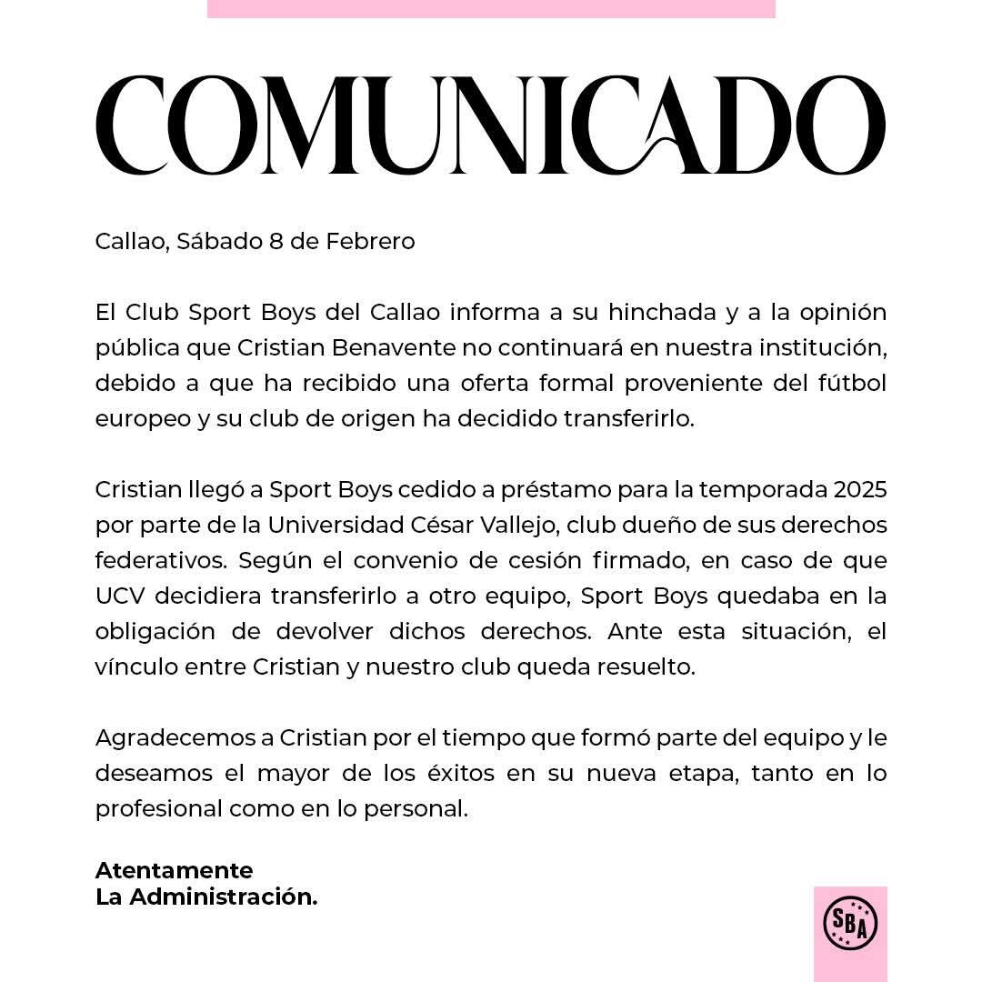 Este es el comunicado de Sport Boys en el que anuncia la salida de Cristian Benavente.