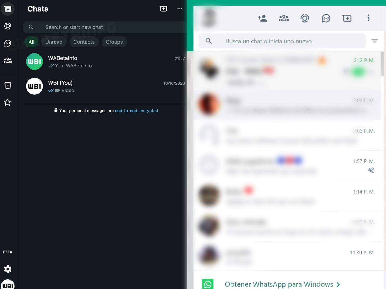 Vista previa de la nueva (izquierda) y antigua (derecha) interfaz de usuario en WhatsApp Web. (Foto: WabetaInfo / GEC)