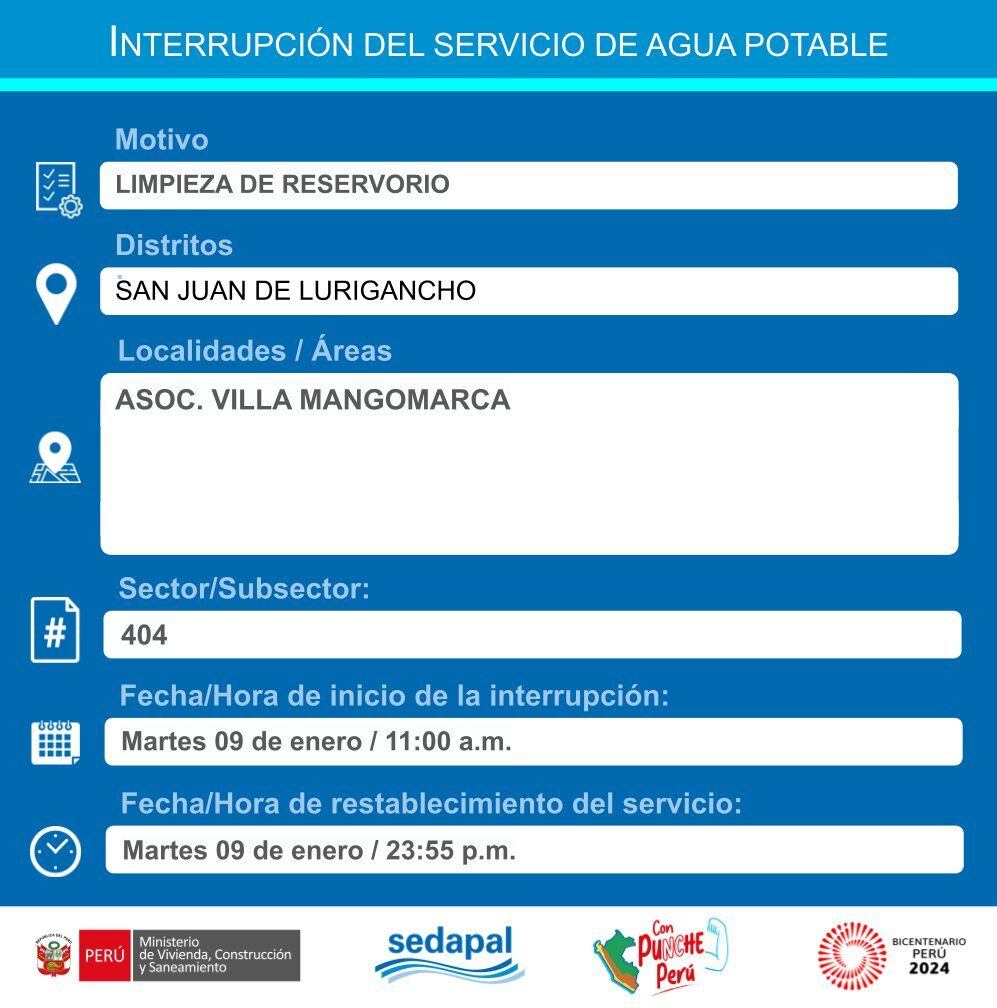 Sedapal informó qué distritos no tendrán agua este martes 9 de enero. (Foto: Twitter)