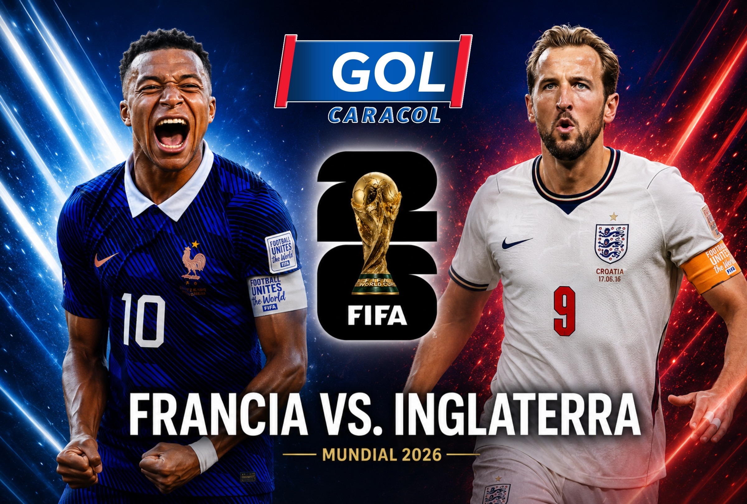 MIAMI, FLORIDA, (ESTADOS UNIDOS), 18/07/2026.- GOL Caracol te llevará EN VIVO el partido de Inglaterra vs. Francia hoy sábado 18 de julio por el tercer puesto del Mundial 2026 desde el Hard Rock Stadium, Miami, Florida, Estados Unidos. Foto: Imagen creada por ChatGPT.
