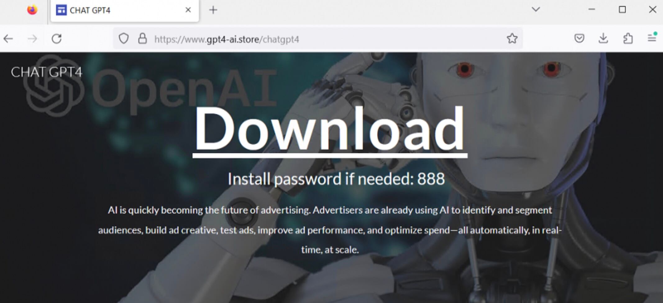 Sitio falso que utiliza el nombre de ChatGPT para descargar una extensión maliciosa en el equipo de la víctima.