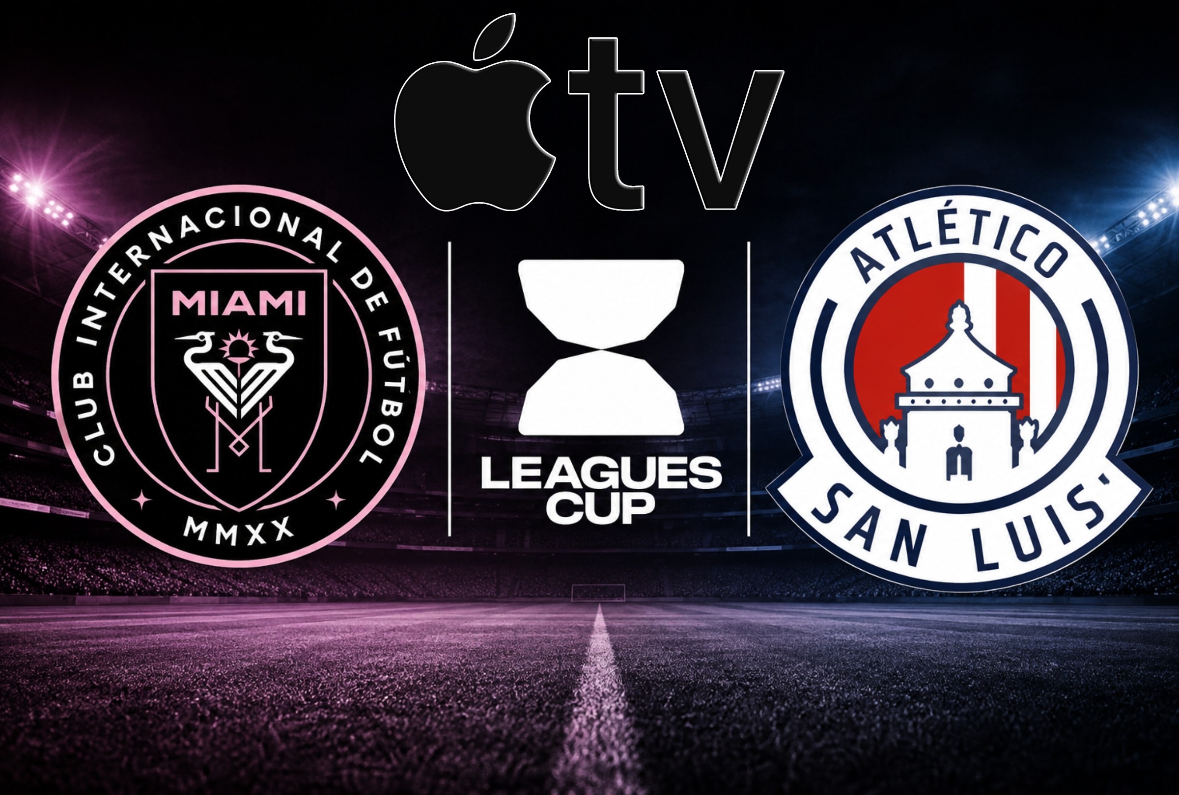 MIAMI, FLORIDA, ESTADOS UNIDOS, 05/08/2026. Apple TV transmitirá EN VIVO el partido entre Inter Miami vs. San Luis por la League Cup desde Nu Stadium de Miami, Florida, Estados Unidos. FOTO: Imagen creada por la IA de ChatGPT.
