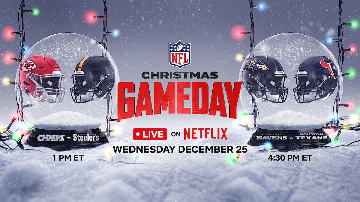 El 25 de diciembre, comienza una nueva tradición navideña en Netflix, y el NFL Christmas Gameday acaba de recibir una lista de estrellas del talento en directo (como si Beyoncé actuando en el espectáculo del descanso del Ravens vs. Texans no fuera suficiente). Los dos épicos enfrentamientos incluyen a los Kansas City Chiefs, ganadores de la Super Bowl LVII, contra los Pittsburgh Steelers en directo en Netflix a la 1 p.m. EST; seguidos de los Baltimore Ravens contra los Houston Texans a las 4:30 p.m. EST. | Crédito: Netflix