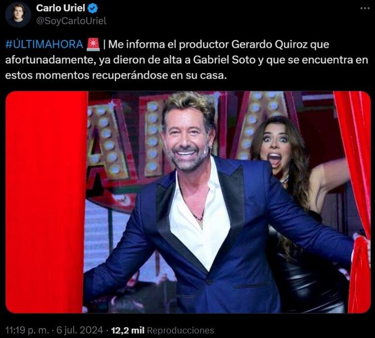 Según el periodista Carlo Uriel, el actor fue dado de alta (Foto: X)