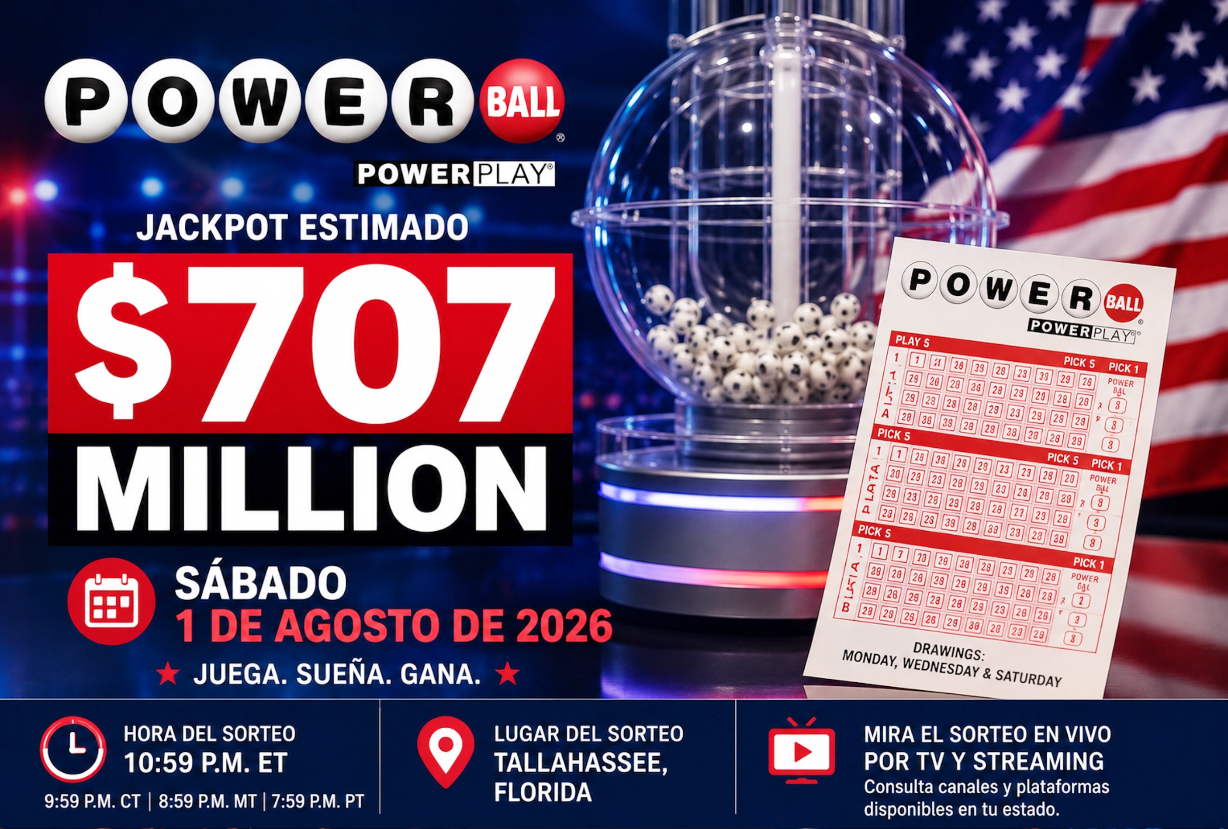 TALLAHASSEE, FLORIDA (ESTADOS UNIDOS), 01/08/2026.- Resultados del Powerball EN VIVO hoy, 1 de agosto: consulta los números ganadores y el jackpot de $707 millones en Estados Unidos. FOTO DE NOÉ YACTAYO