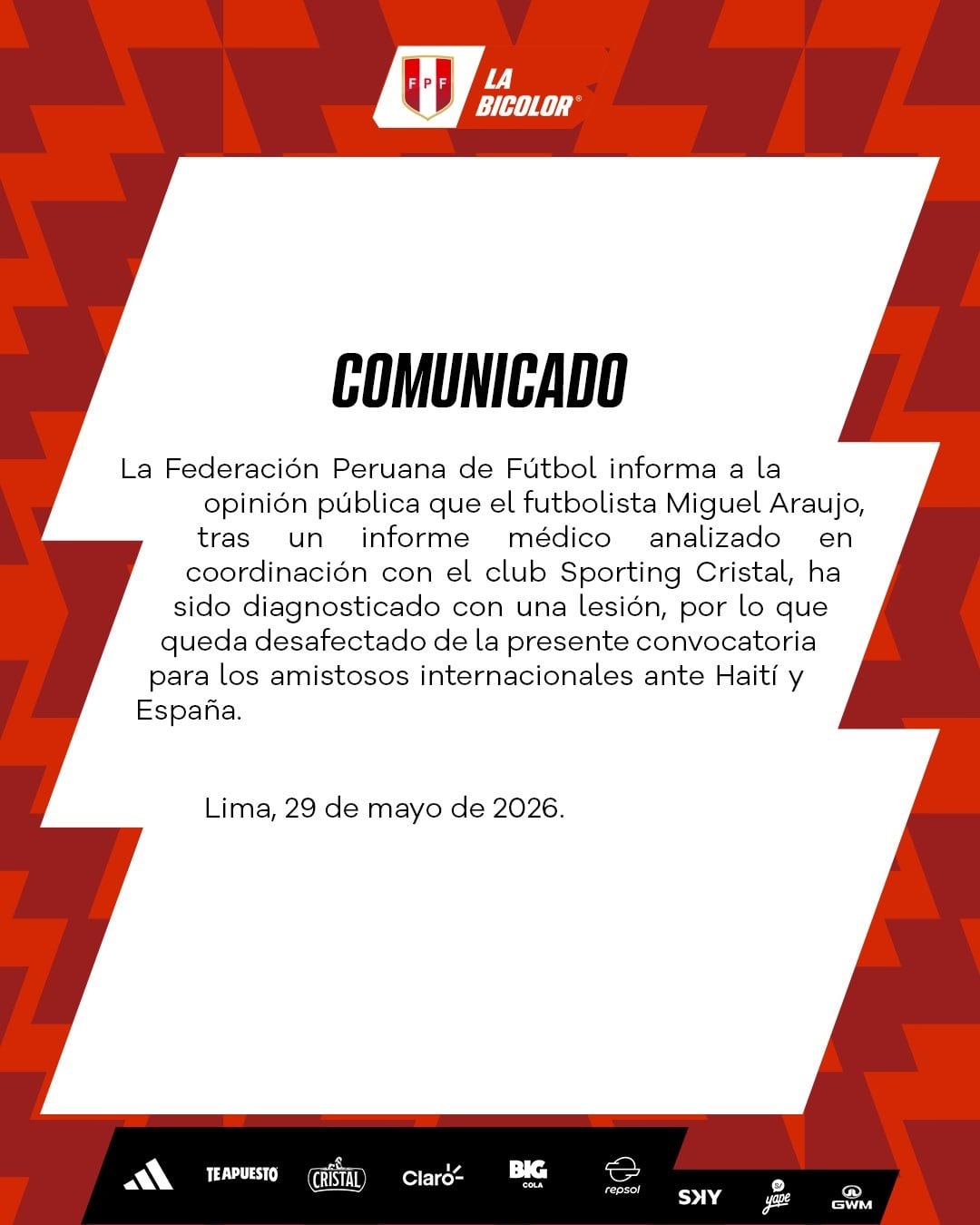 Miguel Araujo es baja para los amistosos de la Selección Peruana vs. Haití y España. (Foto: FPF)