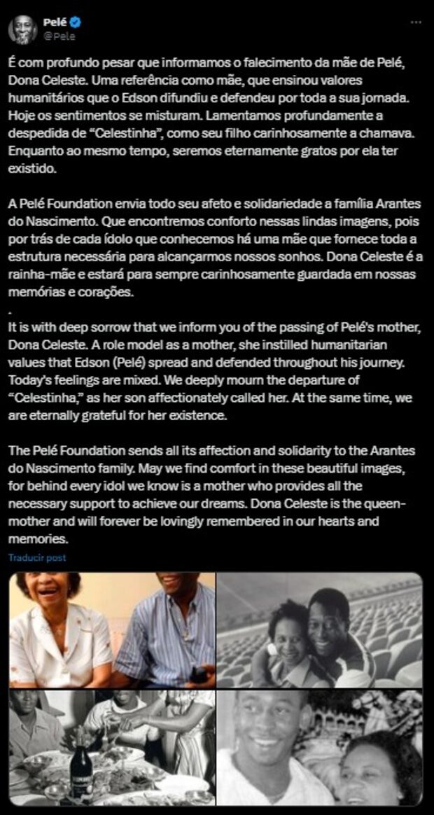 La cuenta oficial de Pelé anunció el fallecimiento de la madre del ex futbolista. (Foto: X)