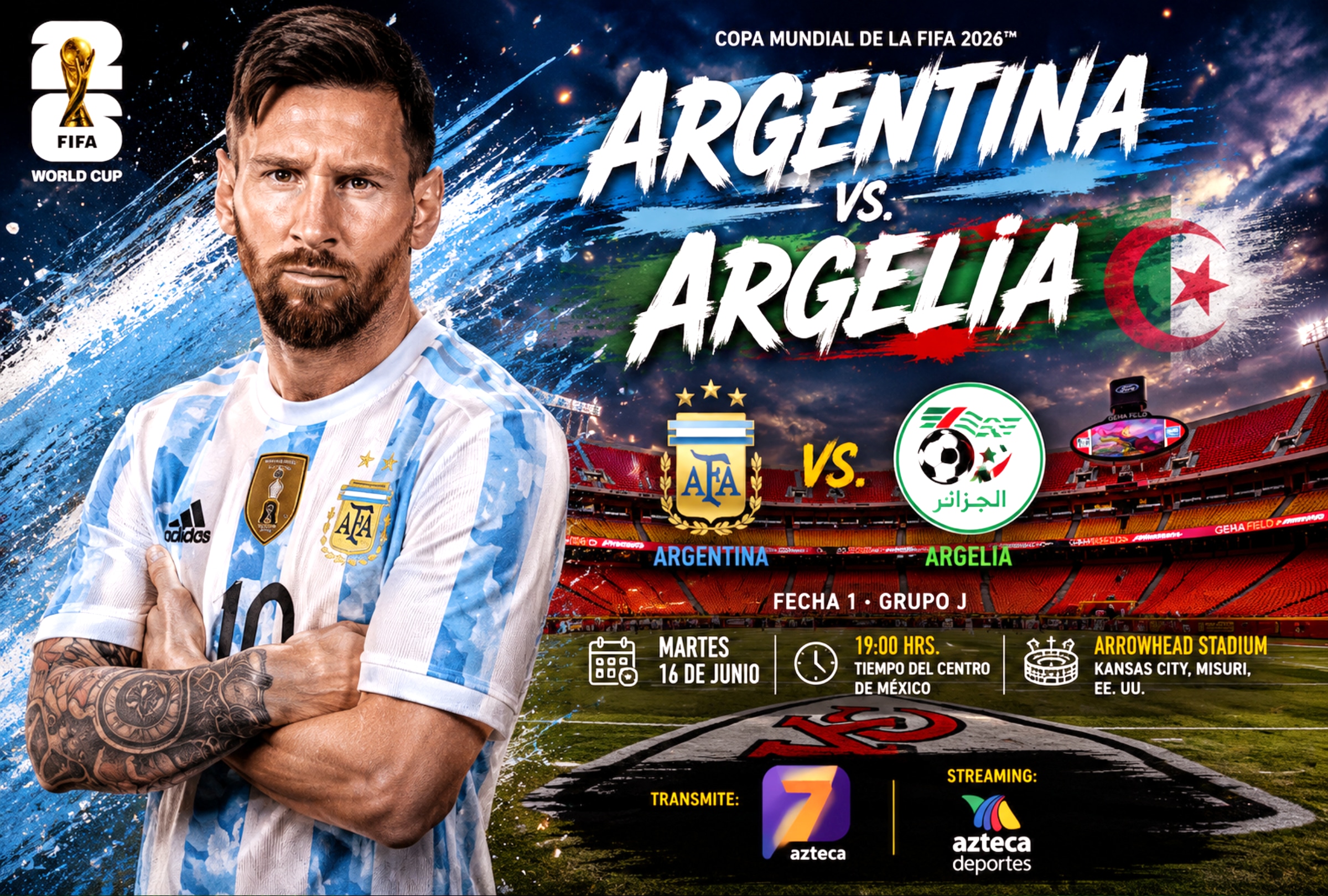 KANSAS, MISURI (ESTADOS UNIDOS), 16/06/2026.- Cobertura oficial de TV Azteca Siete (Canal 7) EN VIVO GRATIS para mirar el partido Argentina vs. Argelia hoy, con Lionel Messi, por la fecha 1 del grupo J del Mundial 2026 en el Arrowhead Stadium de Kansas, Misuri. FOTO DE NOÉ YACTAYO