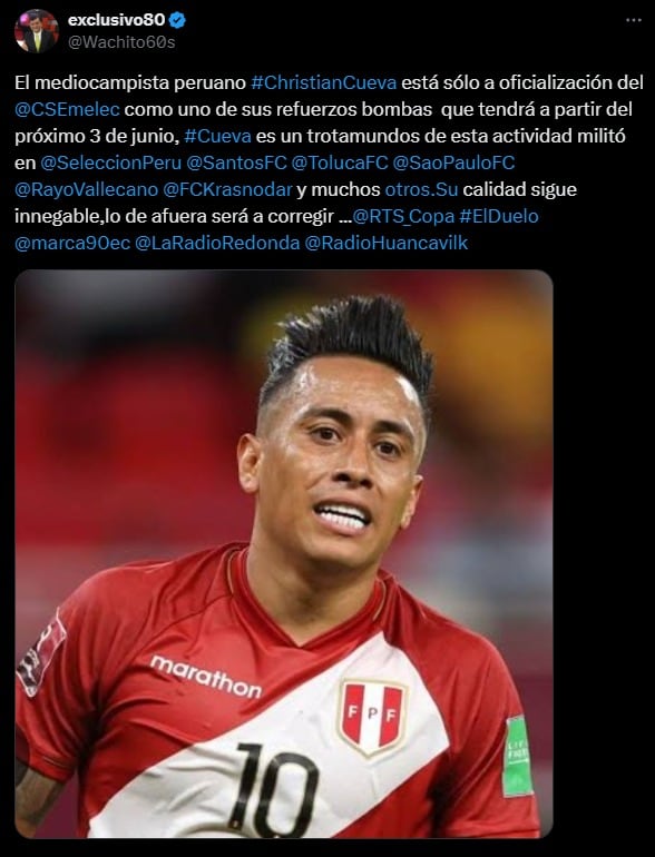 El periodista Washington Sánchez adelantó la posible llegada de Christian Cueva a Emelec de Ecuador. (Captura X)