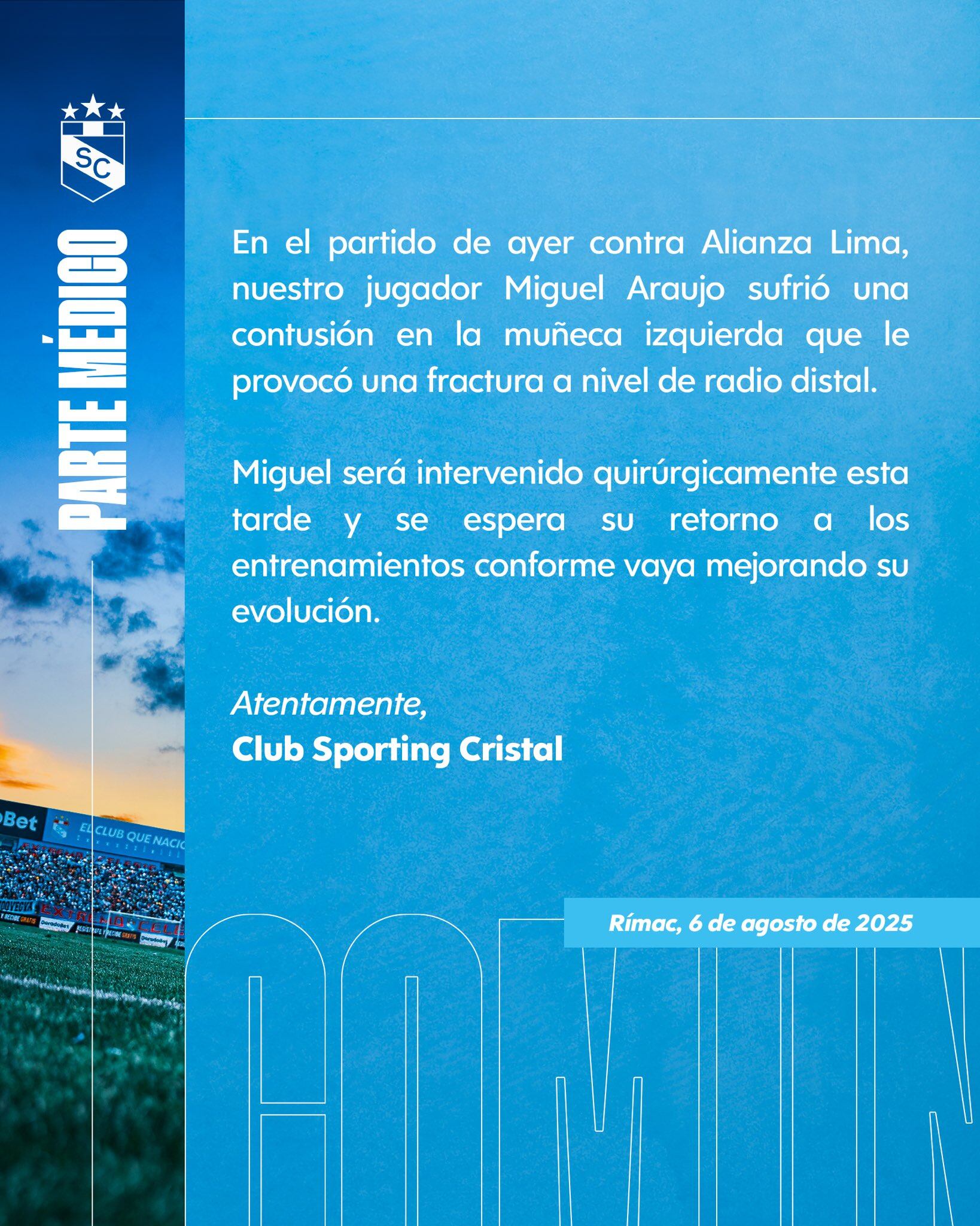 Sporting Cristal confirmó lesión de Miguel Araujo. (Foto: Captura X)