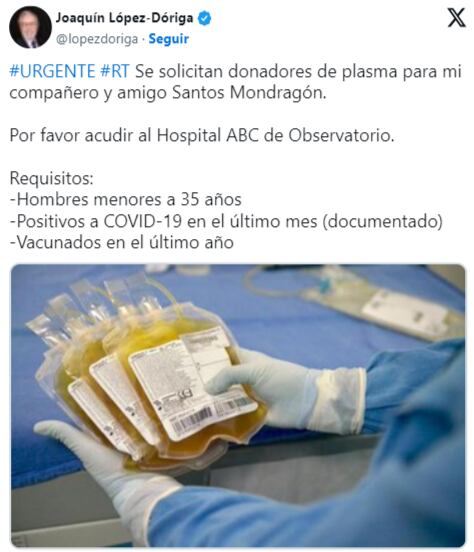 Así comunicaron el internamiento de Santos Mondragón al hospital (Foto: Joaquín López Dóriga / X)