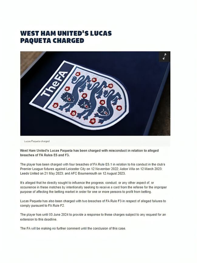 La FA acusó de manera formal a Lucas Paquetá de amañar partidos en la Premier League. (Foto: Captura de The FA).