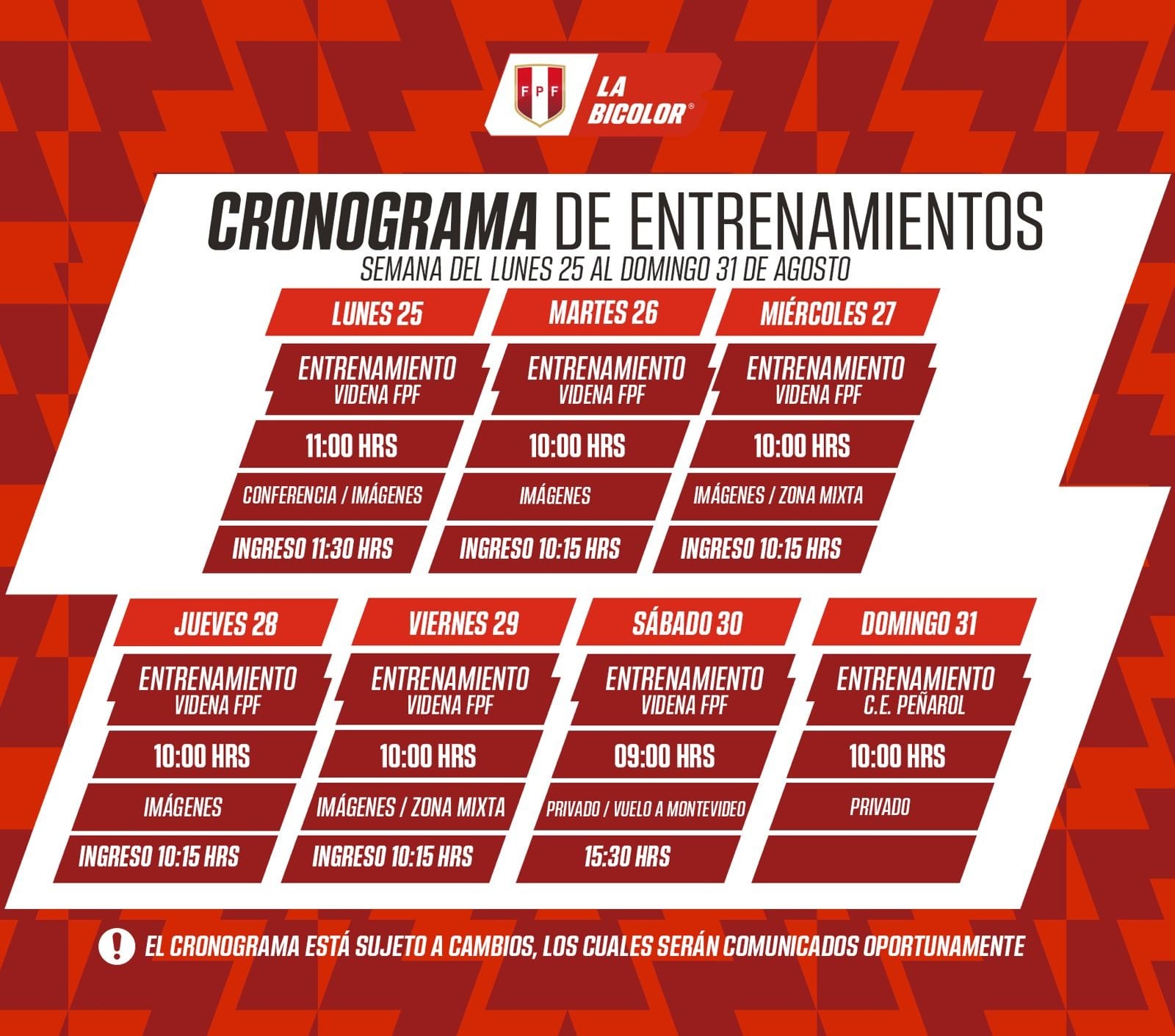 Cronograma de entrenamientos de la Selección Peruana. (Foto: FPF)