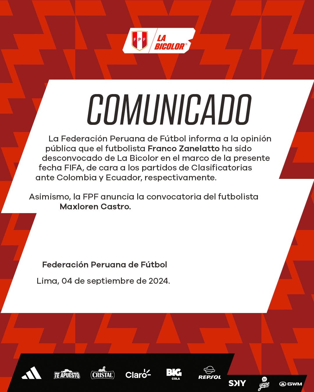 Maxloren Castro convocado en la Selección Peruana. (Foto: FPF)