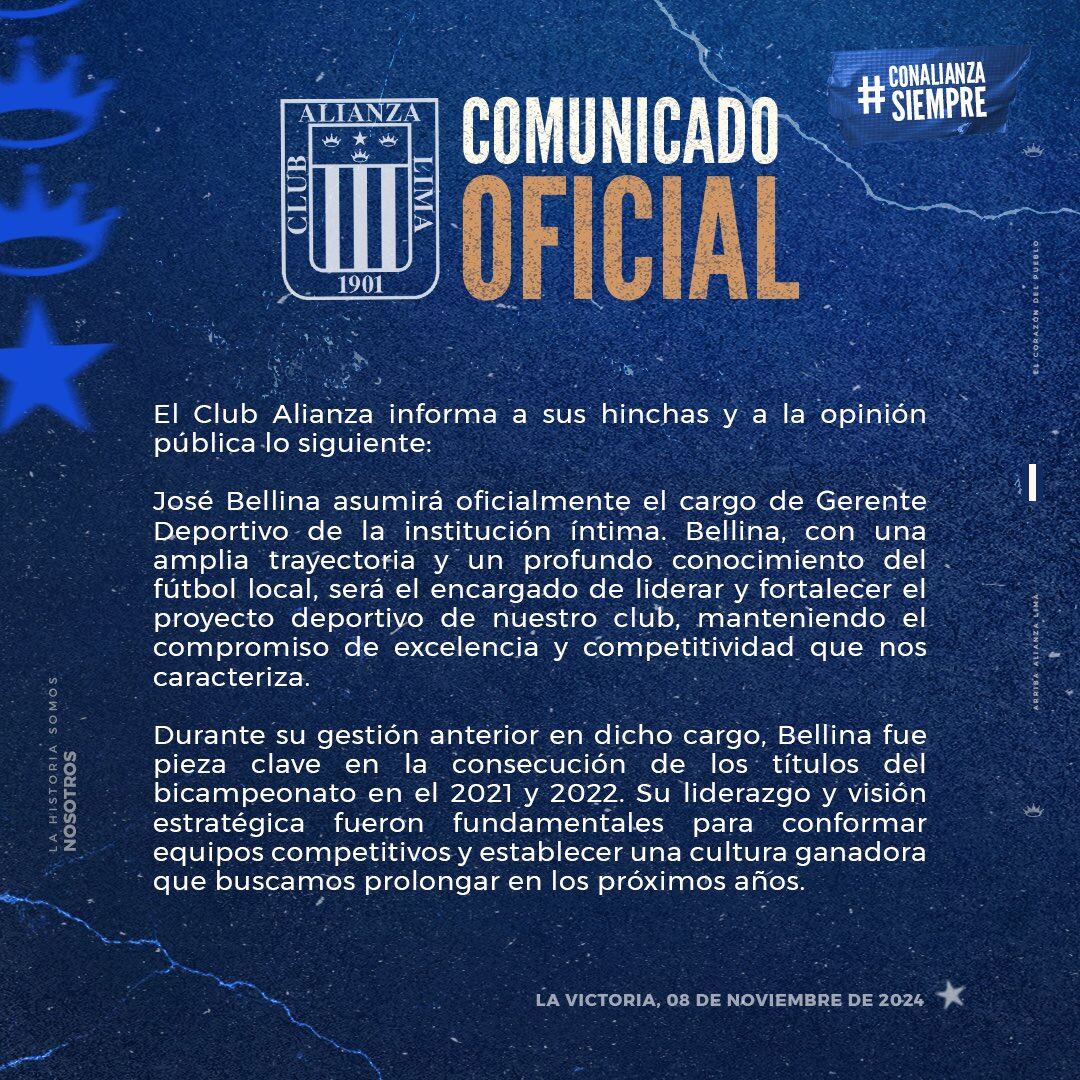 Alianza Lima confirmó a José Bellina como gerente deportivo del club. (Imagen: Alianza Lima)