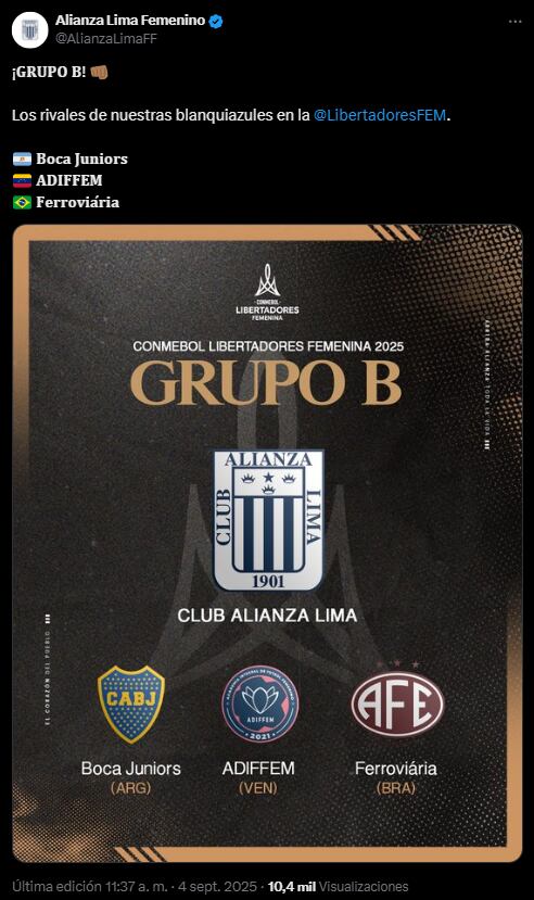 Alianza Lima conoció a sus rivales en la Copa Libertadores Femenina. (Foto: Captura X)