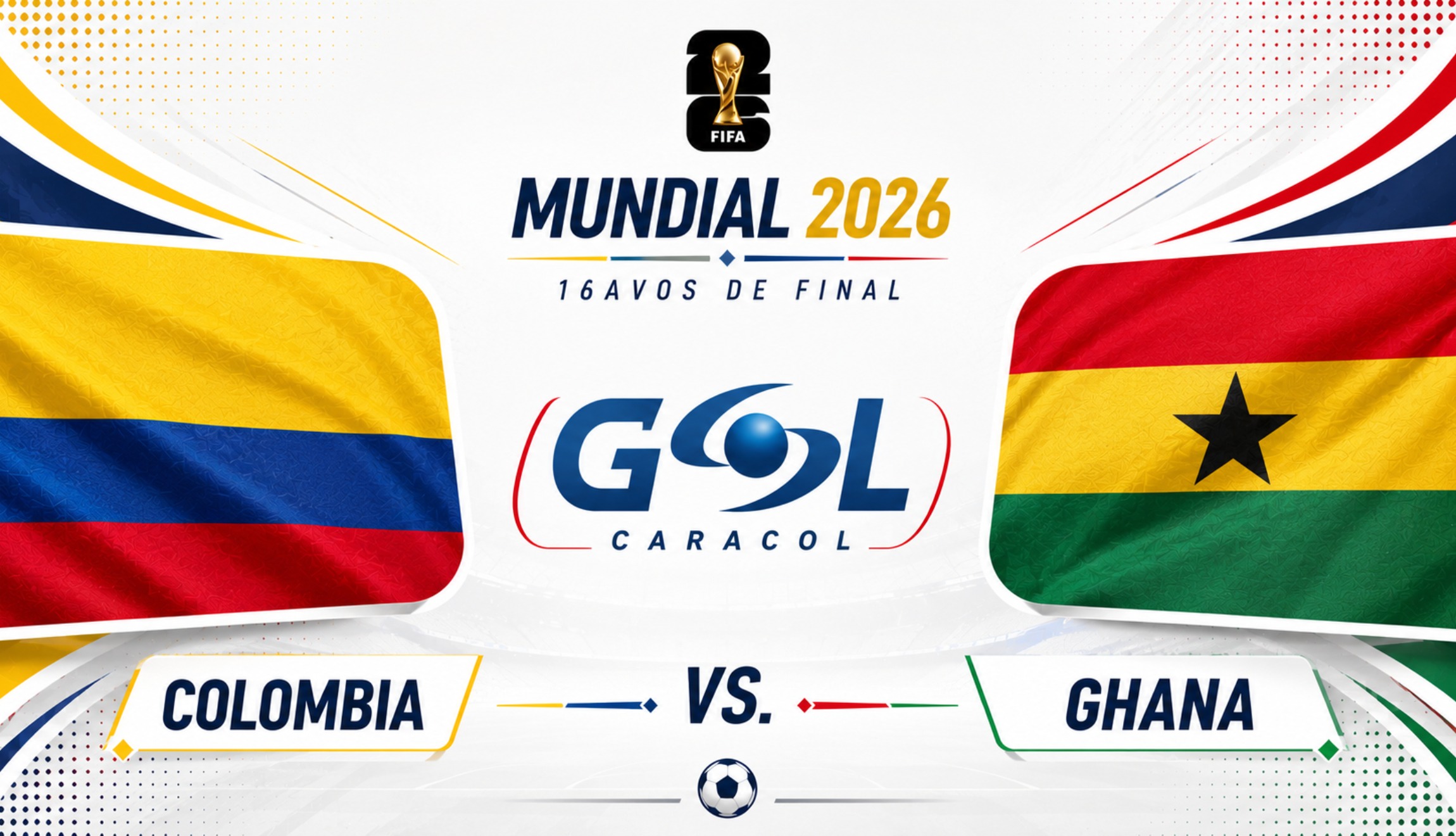 Transmisión de Colombia vs. Ghana vía GOL Caracol en vivo y en directo, este viernes 3 de julio, por los 16avos de final del Mundial de Fútbol 2026, a partir de las 8:30 p.m. hora Bogotá. (Foto: Imagen creada por Depor utilizando la IA de Chat GPT)