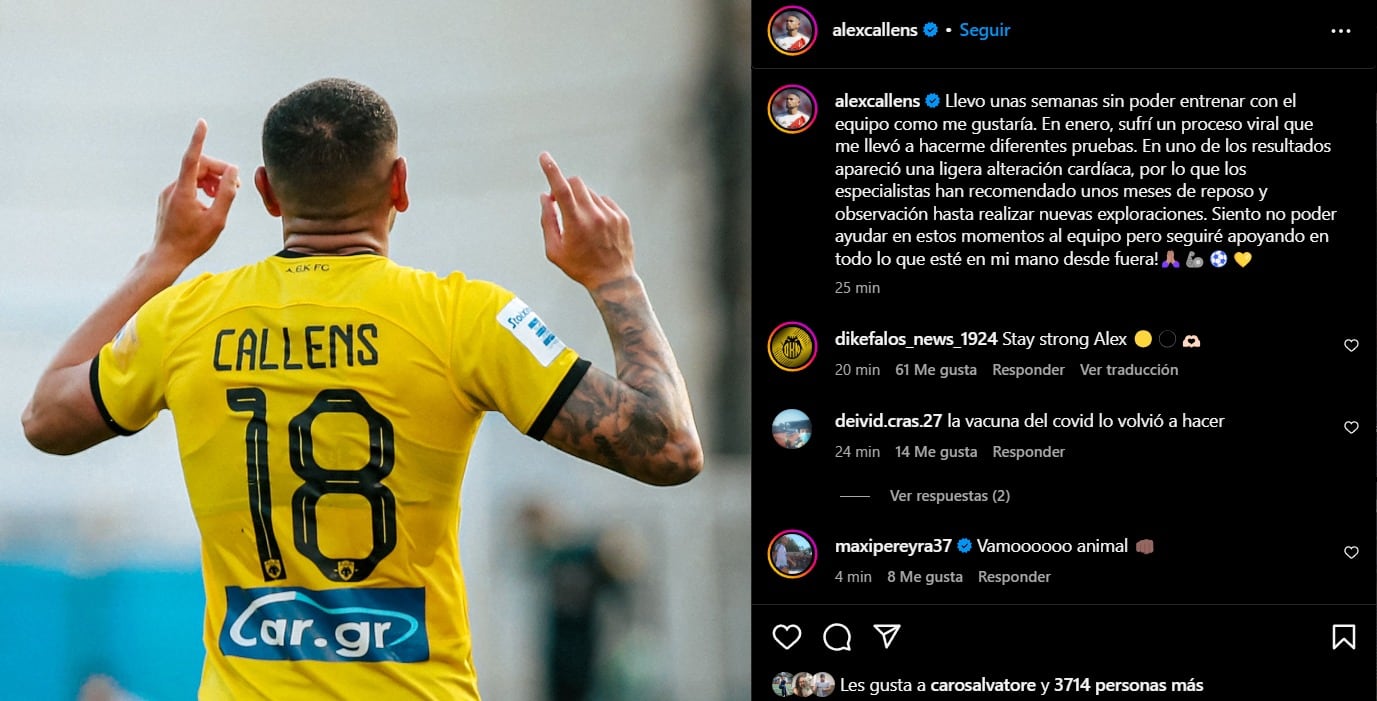 Comunicado de Alexander Callens en su cuenta de Instagram. (Captura: @alexcallens)