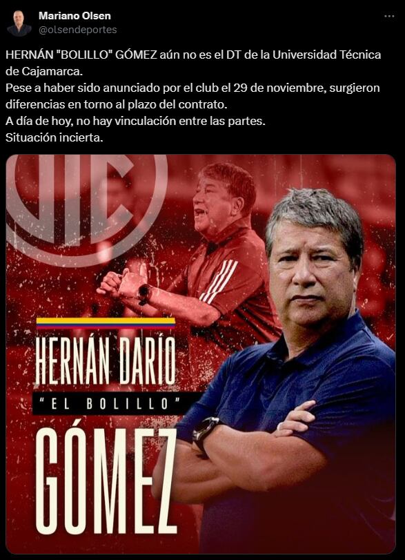 Periodista reveló que 'Bolillo' Gómez aún no estampa su firma con UTC, pese a que fue oficializado en el conjunto de Cajamarca. (Captura)