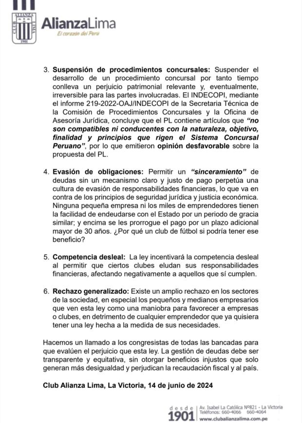 Alianza Lima envía carta al Congreso contra el Proyecto de Ley 1137/2021-CR y expone sus argumentos. (Foto: Alianza Lima)