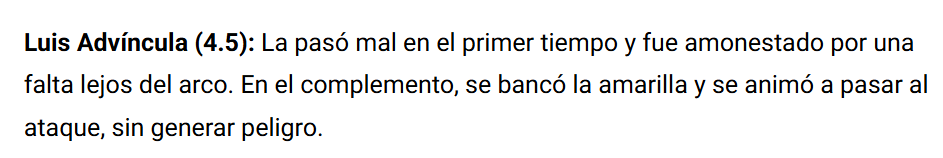 El puntaje de Bolavip Argentina para Luis Advíncula en el partido contra Bayern Munich.