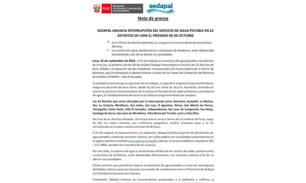 Sedapal indica los motivos del corte. (Foto: Twitter/Oficial)