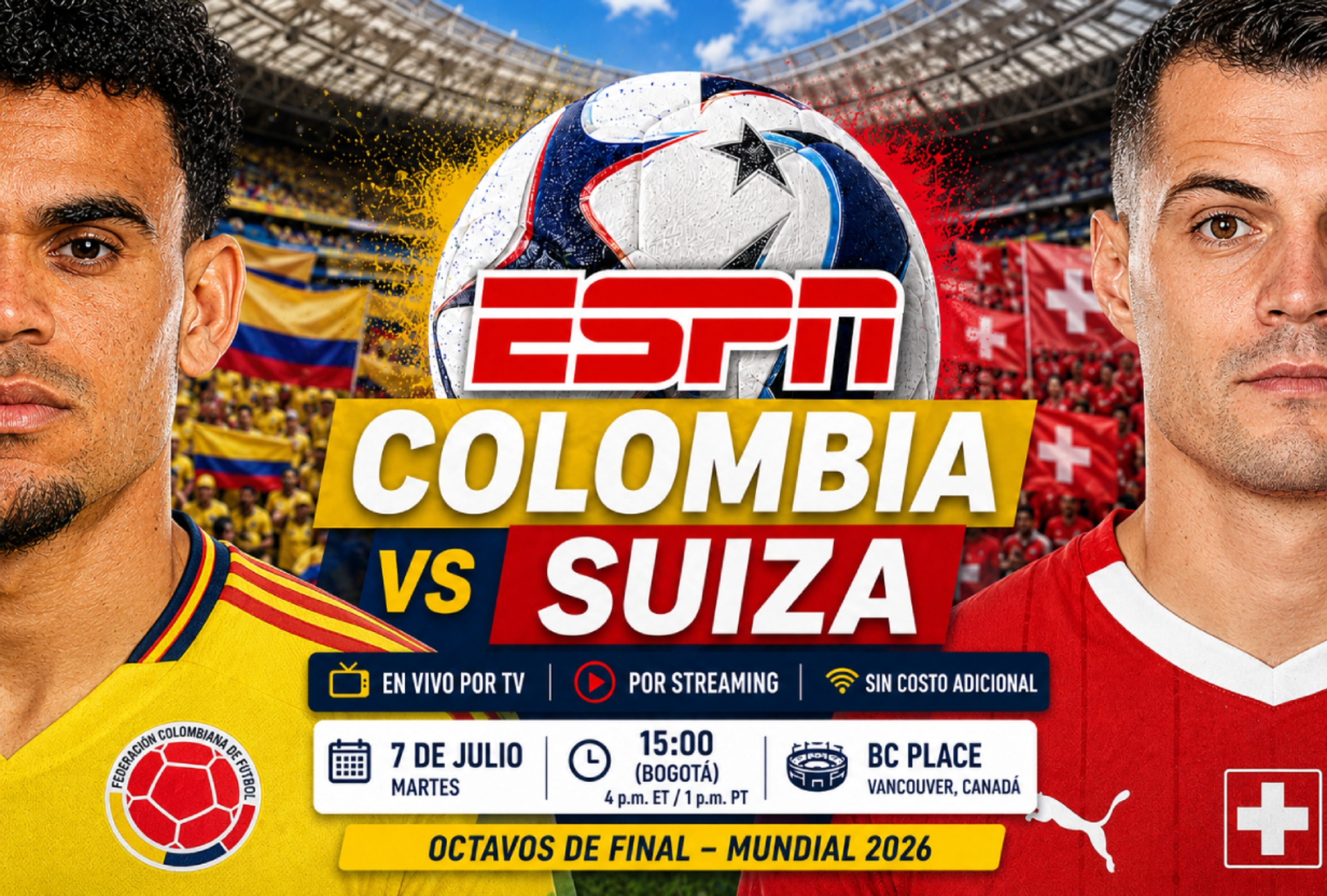 VANCOUVER (CANADÁ), 07/07/2026.- Cobertura oficial de ESPN (Disney Plus) EN VIVO ONLINE para ver el partido Colombia vs. Suiza hoy por los octavos de final del Mundial 2026 en el Estadio BC Place Vancouver de Vancouver, Canadá. FOTO DE NOÉ YACTAYO