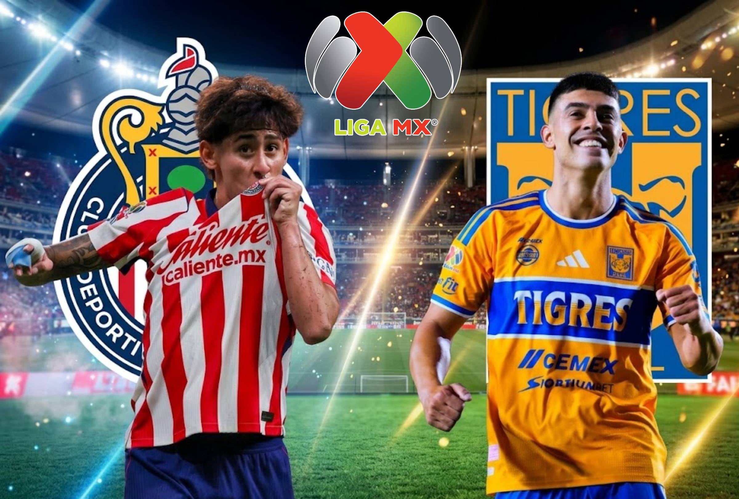GUADALAJARA, JALISCO (MÉXICO), 17/10/2026. Chivas y Tigres juegan hoy sábado por el Apertura de la Liga MX en el Estadio Akron. Horarios y canales de TV para ver el partido. FOTO: Imagen creada por la IA de Gemini.