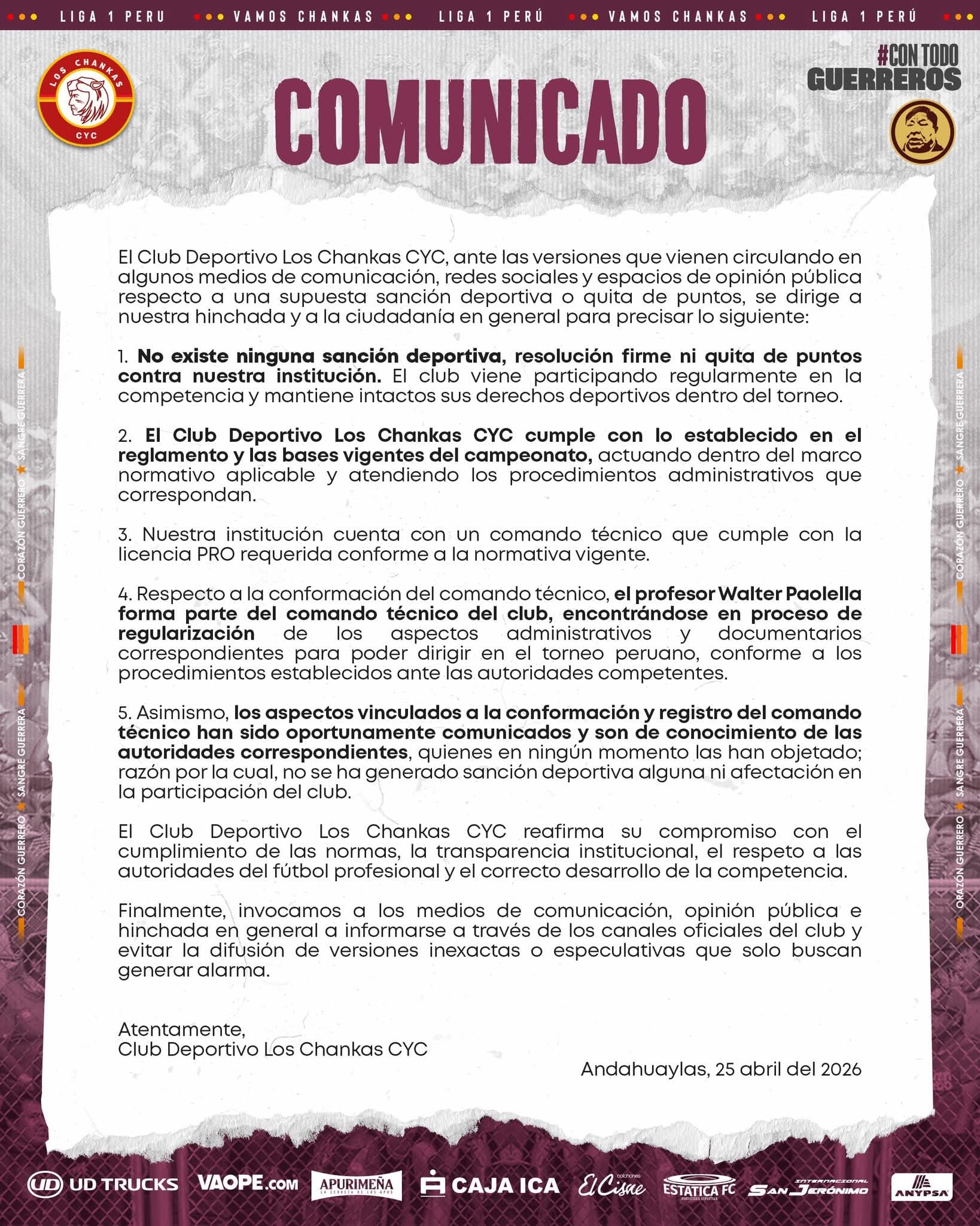 Comunicado de Los Chankas. (Foto: Los Chankas)