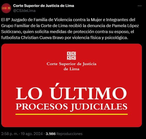 Corte Superior de Justicia de Lima recibió denuncia contra Christian Cueva por violencia física y psicológica. (Corte Superior de Justicia de Lima)